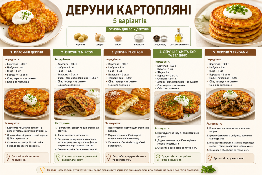 Інфографіка з п'ятьма варіантами картопляних дерунів: класичні, з м'ясом, із сиром, зі сметаною та з грибами