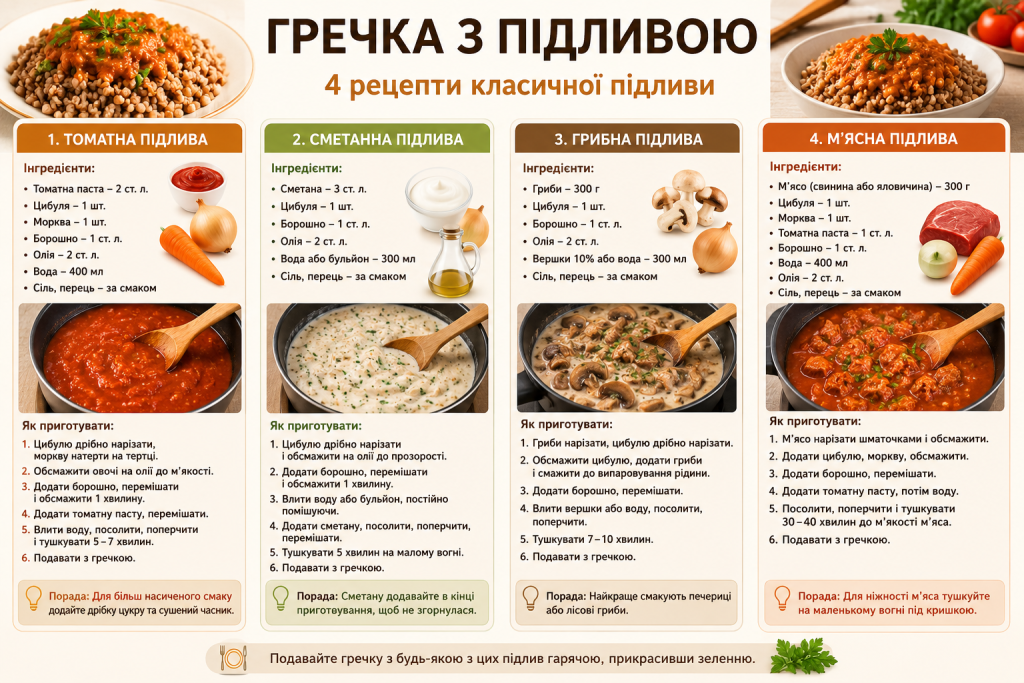 Інфографіка з чотирма рецептами підливи до гречки: томатна, сметанна, грибна та м'ясна