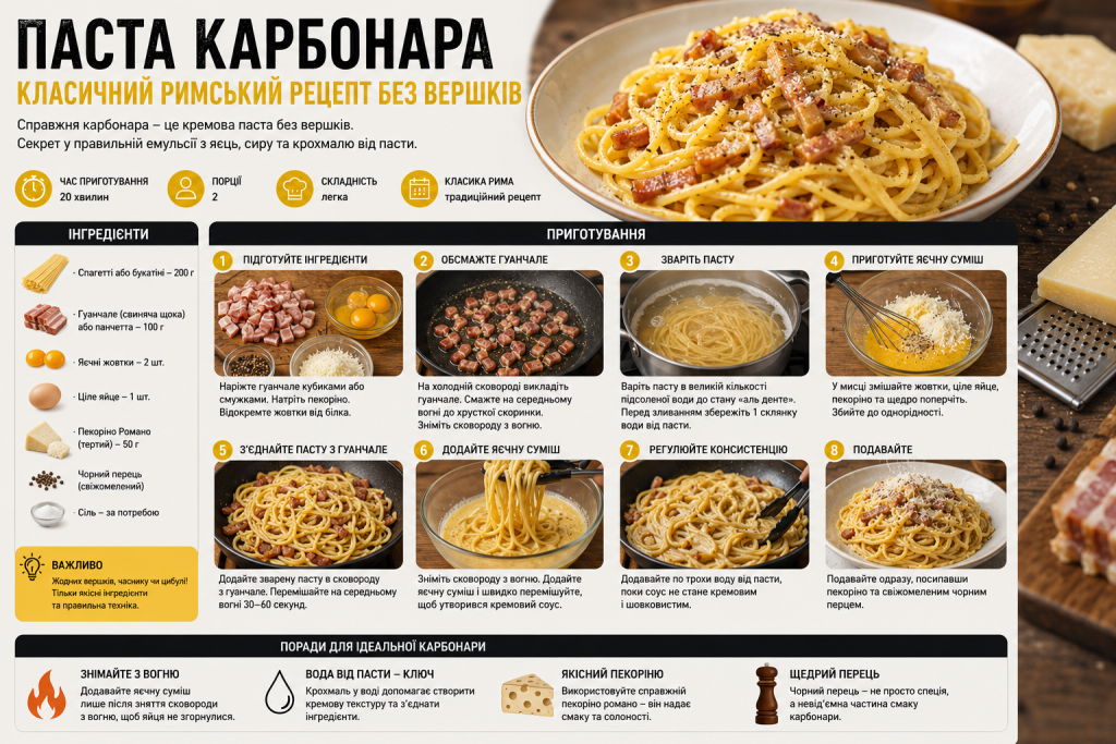 Інфографіка з класичним римським рецептом пасти карбонара без вершків — інгредієнти, 8 етапів приготування та поради