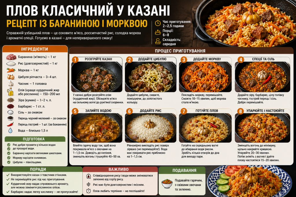 Інфографіка з покроковим рецептом класичного узбецького плову з бараниною та морквою у казані — інгредієнти та процес приготування
