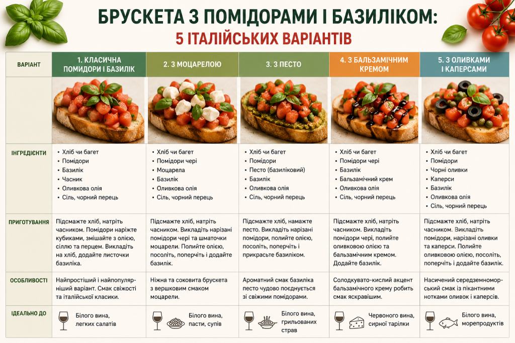 Порівняльна таблиця п'яти варіантів брускети: класична, з моцарелою, з песто, з бальзамічним кремом та з оливками