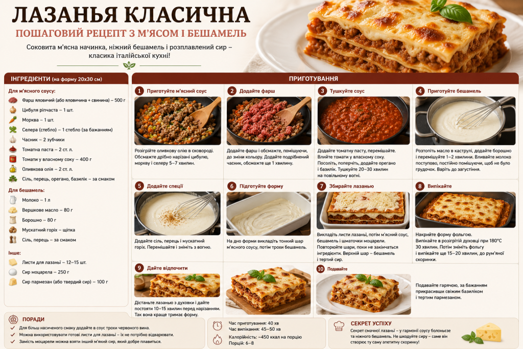 Інфографіка з рецептом класичної лазаньї — інгредієнти, 10 кроків приготування, поради та секрети апетитної скоринки
