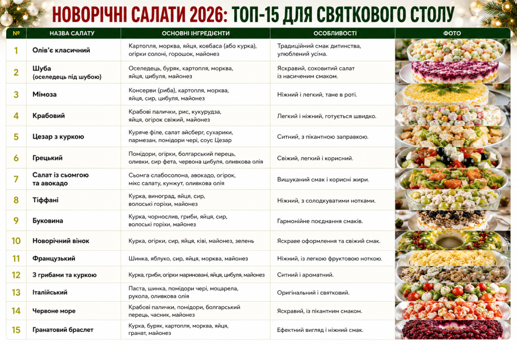 Таблиця з 15 рецептами новорічних салатів з фото та інгредієнтами