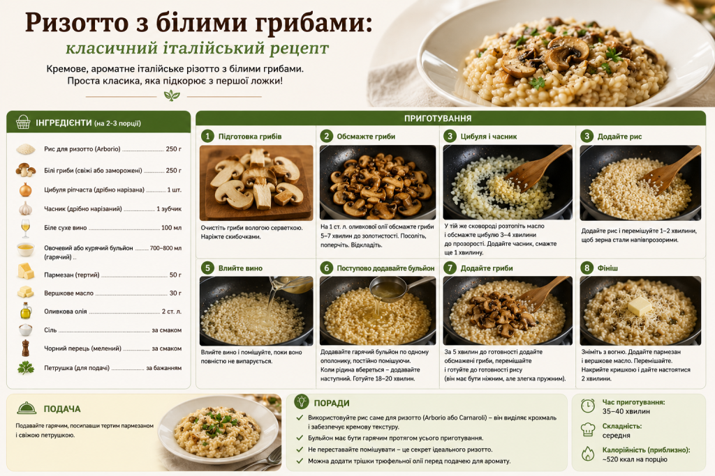 Інфографіка з покроковим рецептом різотто з білими грибами — інгредієнти, 8 етапів приготування, поради та калорійність страви
