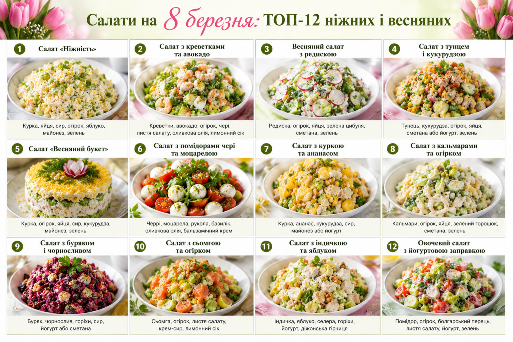 Інфографіка з ідеями салатів до 8 Березня