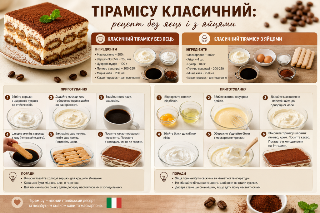 Інфографіка з покроковим рецептом класичного тірамісу: два варіанти – з яйцями та без яєць
