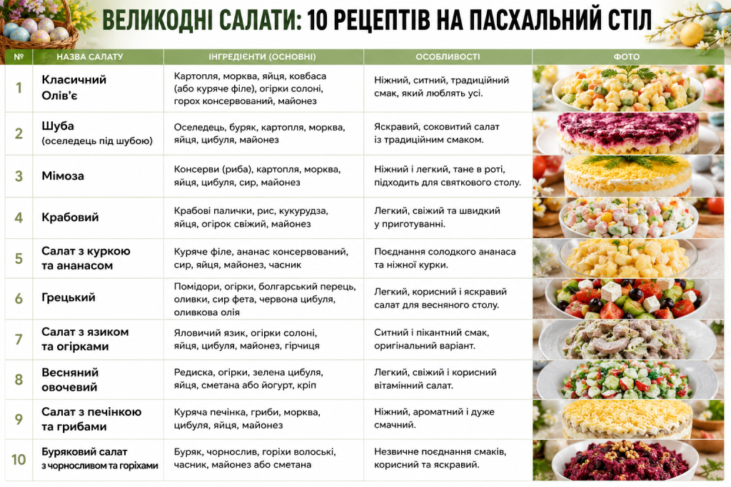 Таблиця з рецептами та фото 10 салатів для великоднього столу