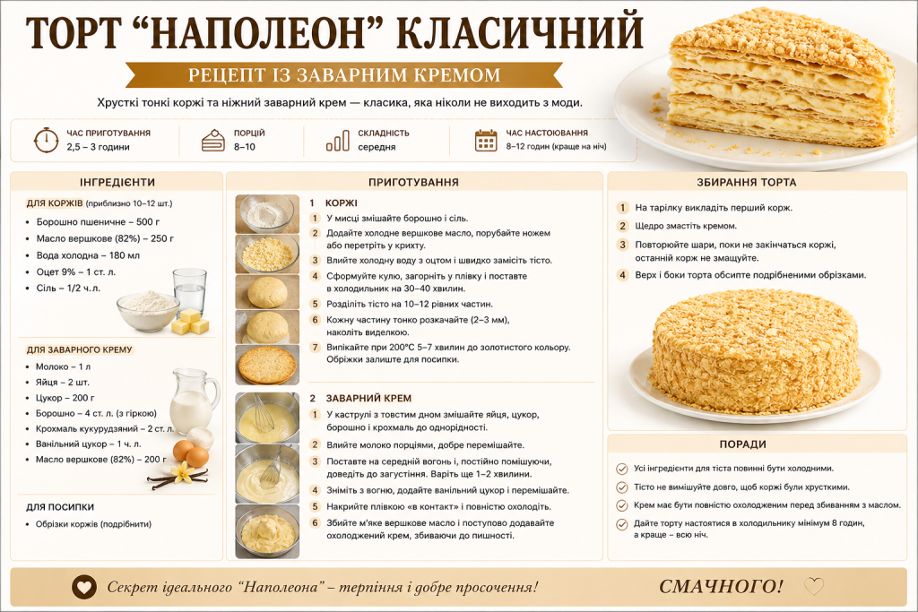 Покроковий рецепт класичного торта «Наполеон» з інгредієнтами, приготуванням коржів і заварного крему