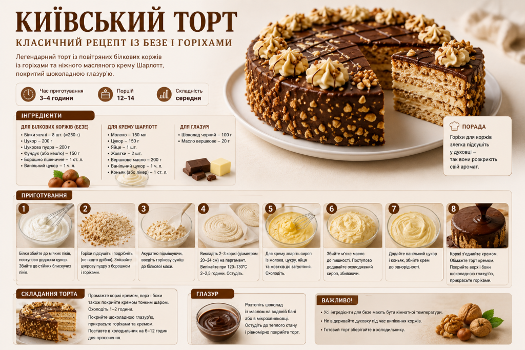 Інфографіка з інгредієнтами та етапами приготування Київського торта з безе і горіхами