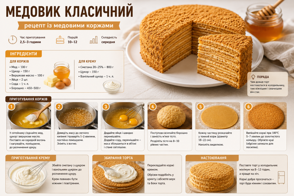 Інфографіка з інгредієнтами та етапами приготування класичного торта Медовик